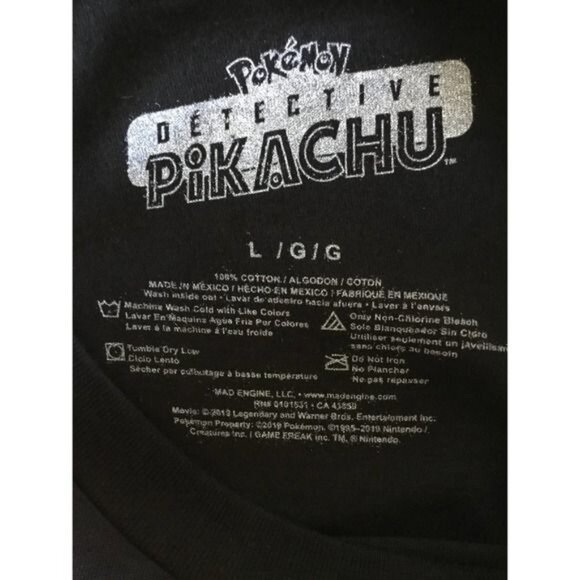 Detective Pikachu T-Shirt Black L  100% Cotton  Mens Graphic Tee - Picture 4 of 4